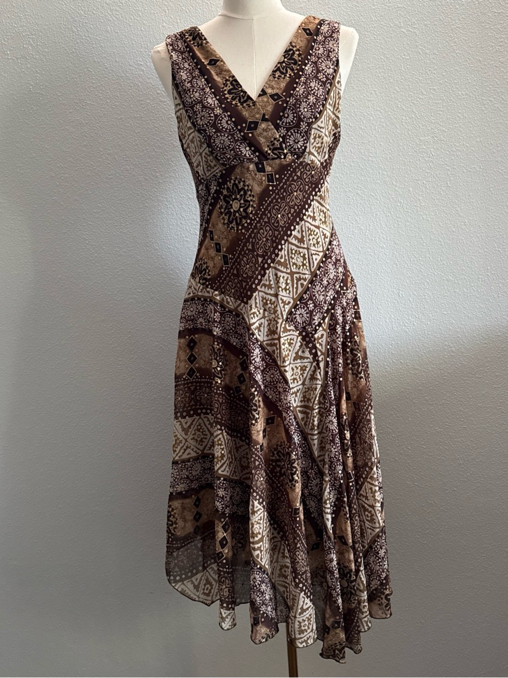 Rabbit Rabbit Rabbit Designs Brown Boho Handkerchief Hem Midi Dress Size 4